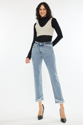 Kancan Women's Raw Hem High Rise Straight Jeans - Chic Denim Style